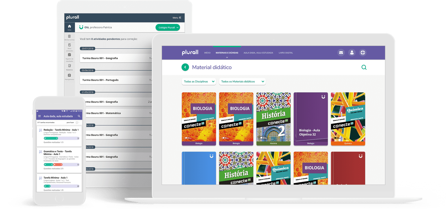Tela do ambiente virtual de aprendizagem Plurall, com painel de disciplinas, conteúdos digitalizados e banco de questões.